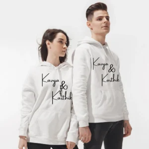 Personalised Matching Couple Hoodies featuring His and Hers names and initials, perfect for anniversaries or as a unique relationship gift. Stylish and unisex design for couples.