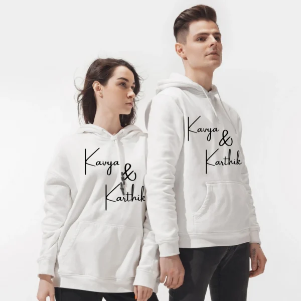 Personalised Matching Couple Hoodies featuring His and Hers names and initials, perfect for anniversaries or as a unique relationship gift. Stylish and unisex design for couples.