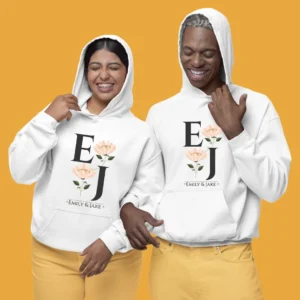 Personalized couple hoodies featuring initials and names, ideal Valentine's Day and anniversary gifts for him and her.