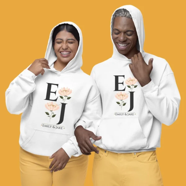 Personalized couple hoodies featuring initials and names, ideal Valentine's Day and anniversary gifts for him and her.