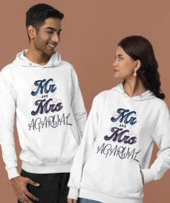 Personalised couple hoodies with Mr & Mrs design and custom family name, ideal Valentine's Day couple hoodies and personalised Valentine's Day gifts for couples.
