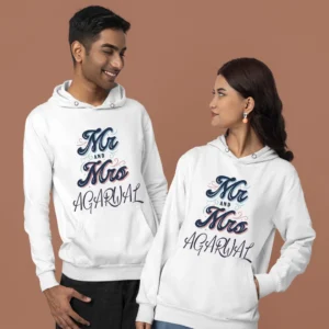 Personalised couple hoodies with Mr & Mrs design and custom family name, ideal Valentine's Day couple hoodies and personalised Valentine's Day gifts for couples.