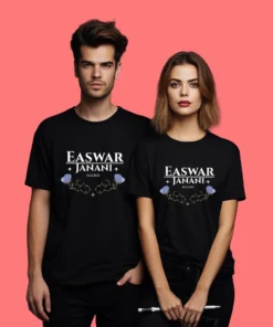Personalised custom name couple t-shirts perfect for pre-wedding photoshoots, anniversary gifts, and special celebrations. Ideal for couples celebrating milestones, brides and grooms, newlyweds, and those on vacations or getaways. A thoughtful gift for any special occasion!