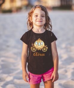 Child wearing a black Personalized Princess Name T-Shirt for Kids – Custom Cute Tees with Fairy Tale Design, featuring a pink princess graphic and custom name print.