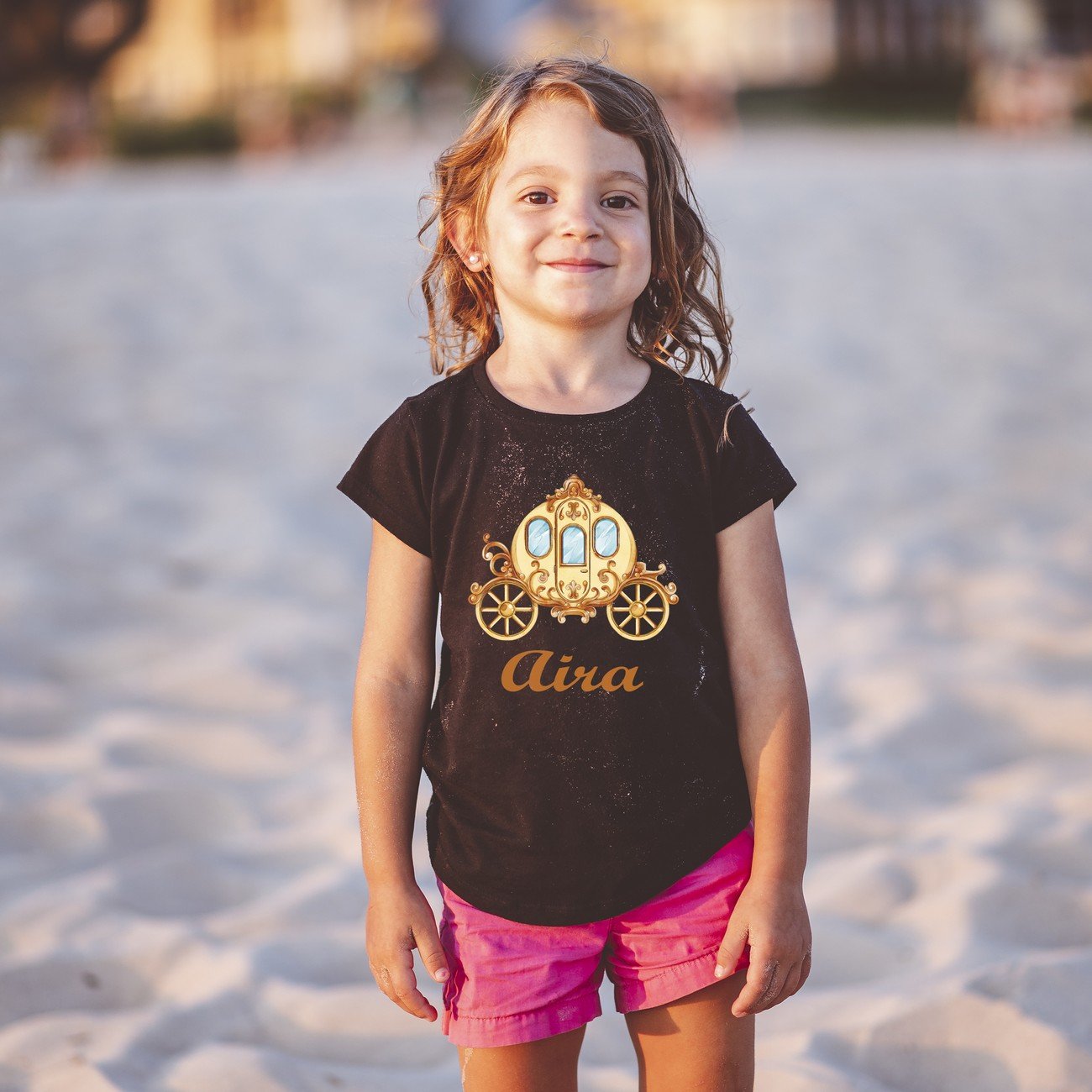 Child wearing a black Personalized Princess Name T-Shirt for Kids – Custom Cute Tees with Fairy Tale Design, featuring a pink princess graphic and custom name print.