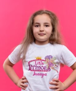 Child wearing a black Personalized Princess Name T-Shirt for Kids – Custom Cute Tees with Fairy Tale Design, featuring a pink princess graphic and custom name print.