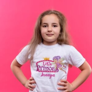 Child wearing a black Personalized Princess Name T-Shirt for Kids – Custom Cute Tees with Fairy Tale Design, featuring a pink princess graphic and custom name print.
