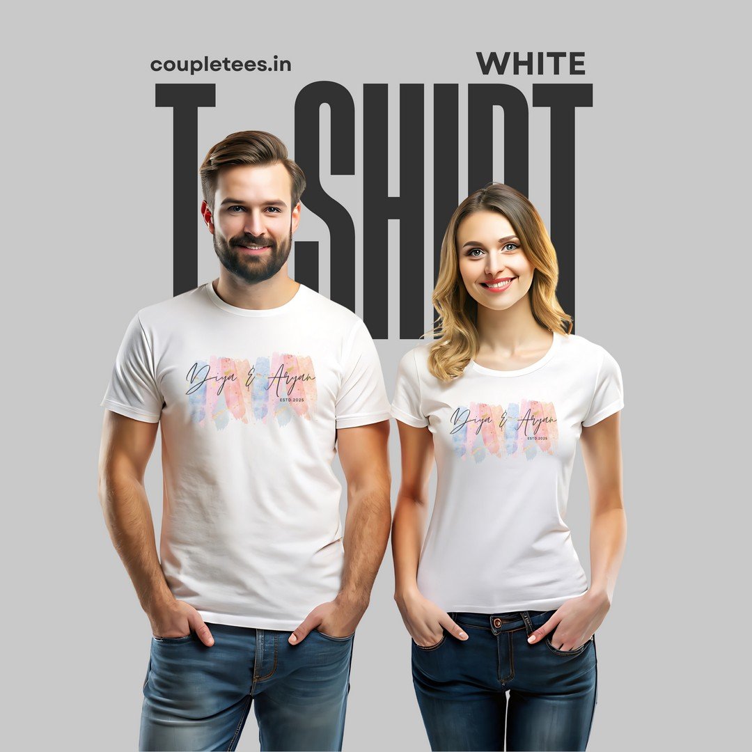 Personalized couple matching t-shirts with custom names and ESTD year – perfect gift for anniversary, wedding, pre-wedding photoshoot or romantic occasions