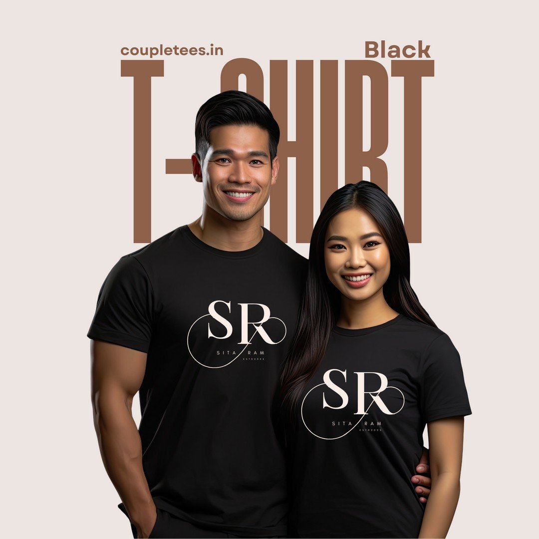 Personalized couple matching t-shirts featuring highlighted initials and full names in vertical design, perfect for pre-wedding photoshoots, anniversary gifts, weddings, and romantic occasions.
