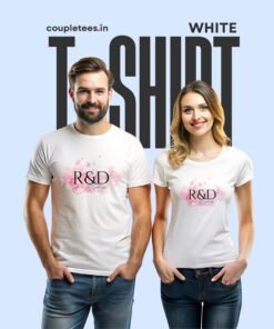 Personalized couple matching t-shirts featuring highlighted initials and full names in vertical design, perfect for pre-wedding photoshoots, anniversary gifts, weddings, and romantic occasions.