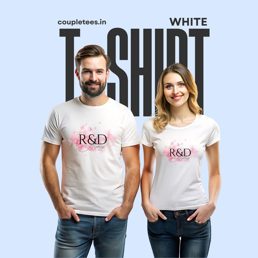 Personalized couple matching t-shirts featuring highlighted initials and full names in vertical design, perfect for pre-wedding photoshoots, anniversary gifts, weddings, and romantic occasions.