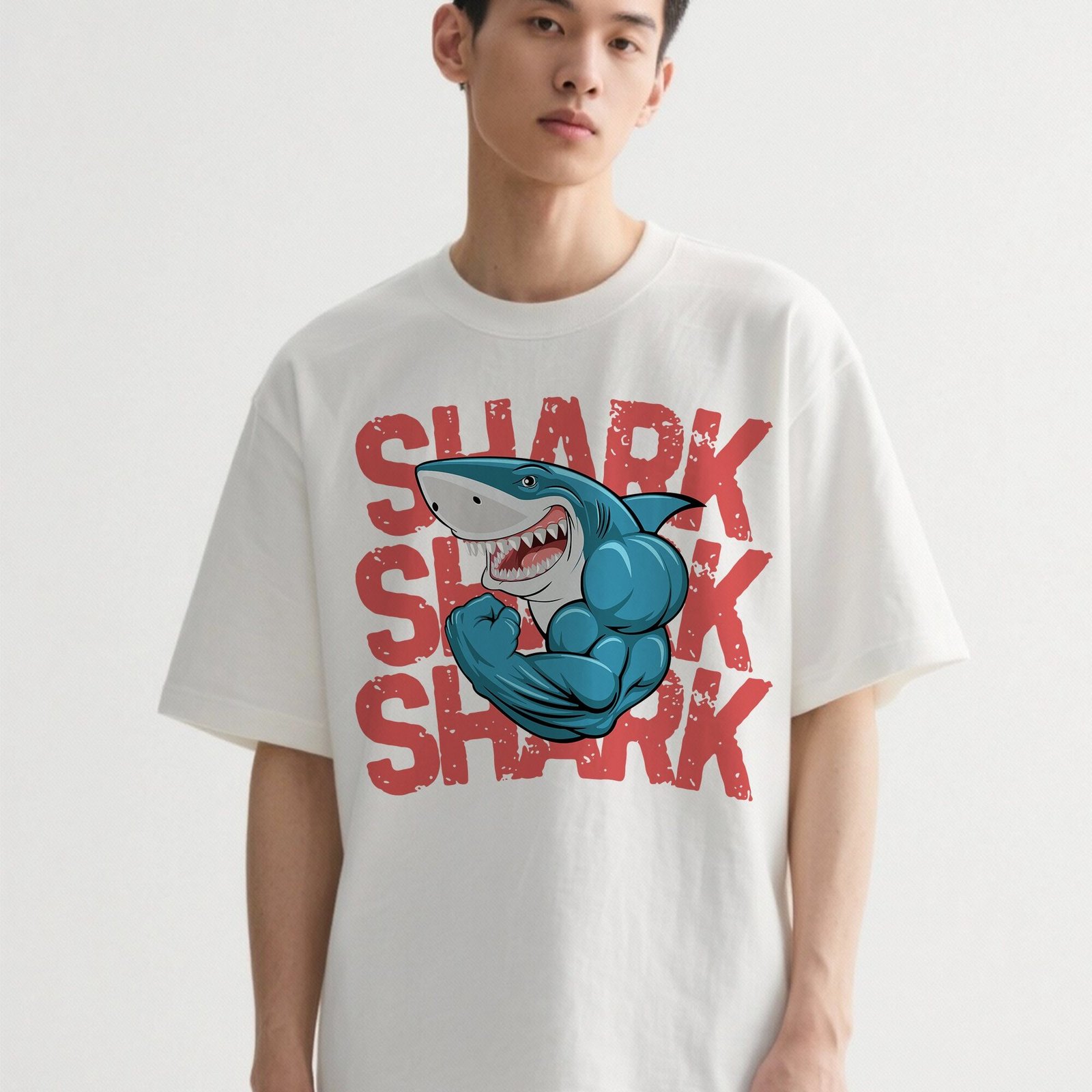 Oversized T-Shirt for Men with Shark Print from TokyoJonny Collection, front view of casual graphic tee for men