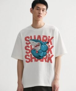 Oversized T-Shirt for Men with Shark Print from TokyoJonny Collection, front view of casual graphic tee for men