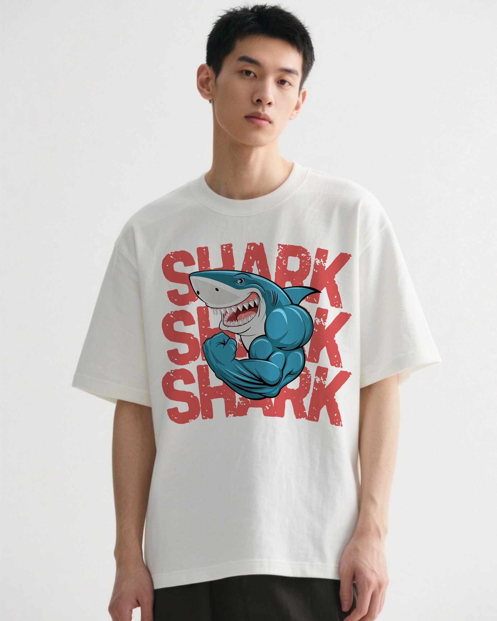 Oversized T-Shirt for Men with Shark Print from TokyoJonny Collection, front view of casual graphic tee for men