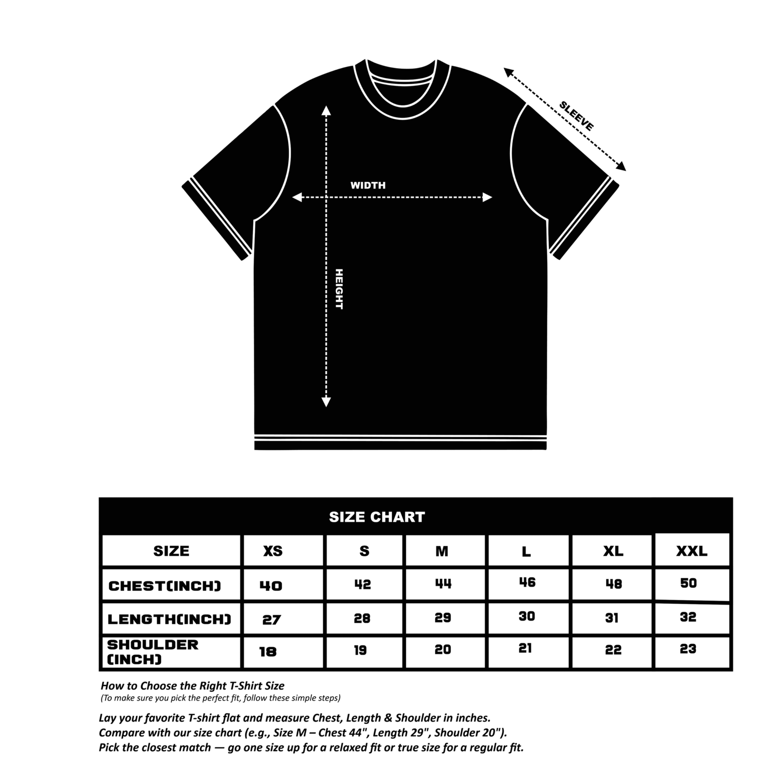 oversized T-Shirt size chart which help you to choose your perfect fit, using the mentioned instructions