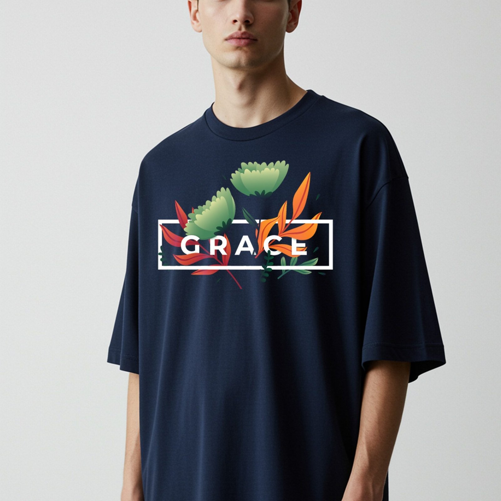 Navy blue premium men's oversized t-shirt with GRACE typography design.