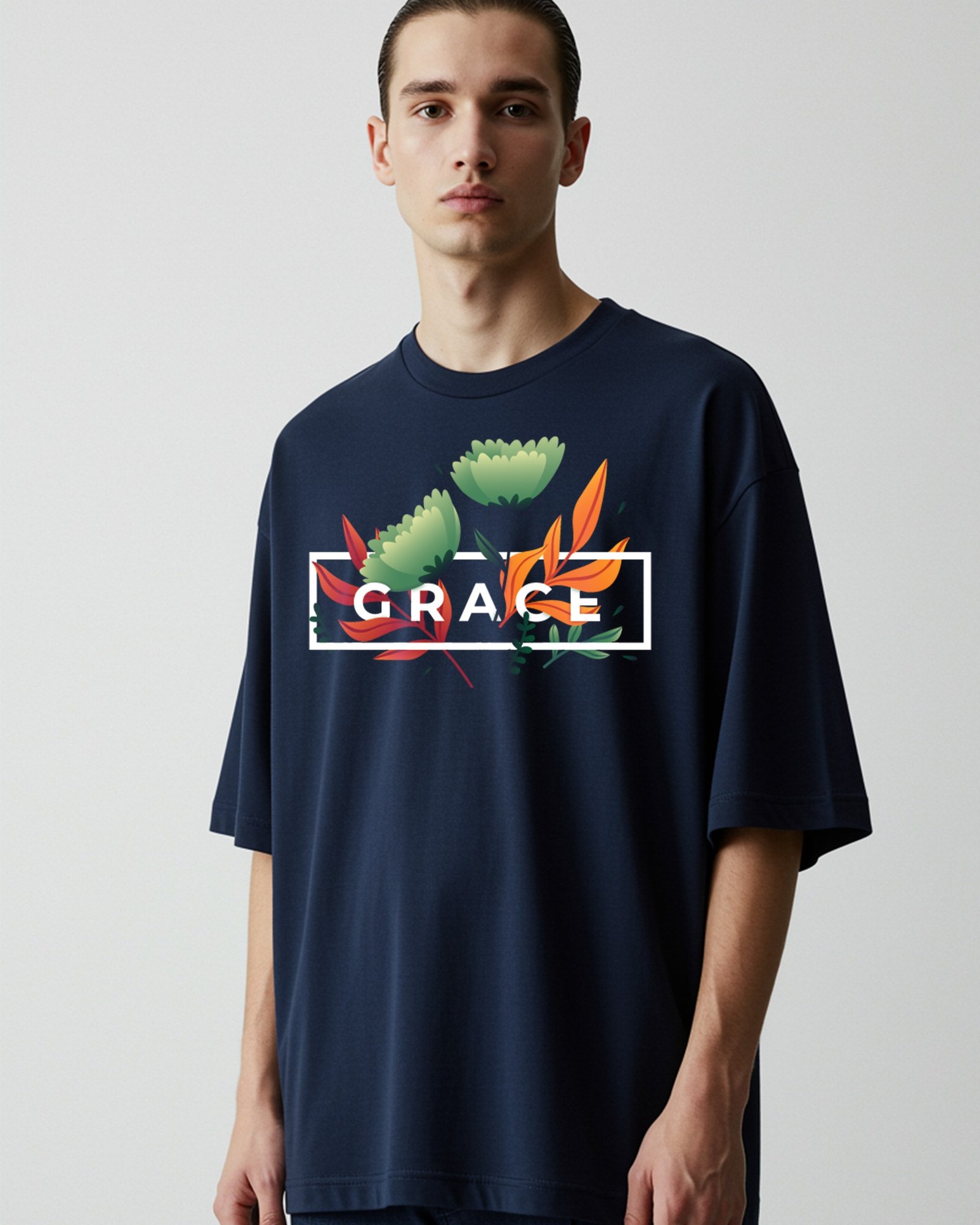 Navy blue premium men's oversized t-shirt with GRACE typography design.