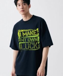 Navy blue men's oversized t-shirt with 'I Make My Own Luck' minimal typography on the front.