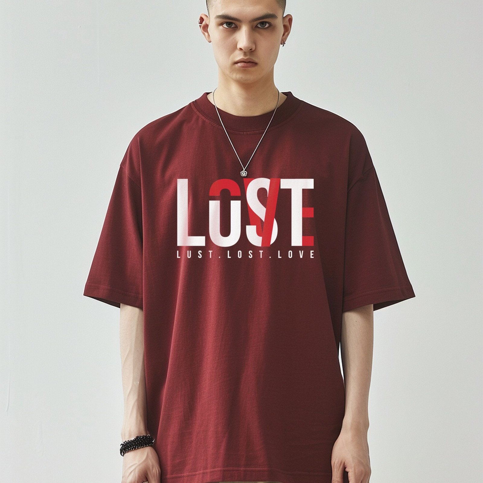 TokyoJonny men’s oversized maroon t-shirt with Love, Lust & Lost graphic design, trendy streetwear casual tee for men