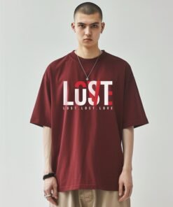 TokyoJonny men’s oversized maroon t-shirt with Love, Lust & Lost graphic design, trendy streetwear casual tee for men