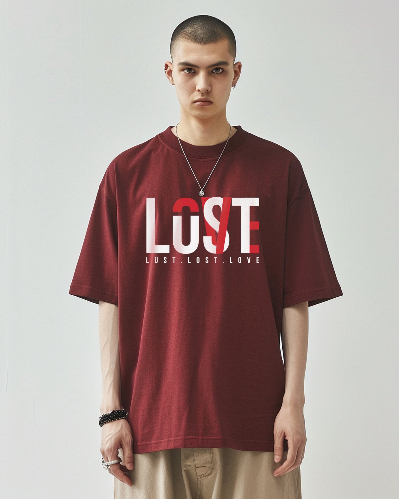 TokyoJonny men’s oversized maroon t-shirt with Love, Lust & Lost graphic design, trendy streetwear casual tee for men
