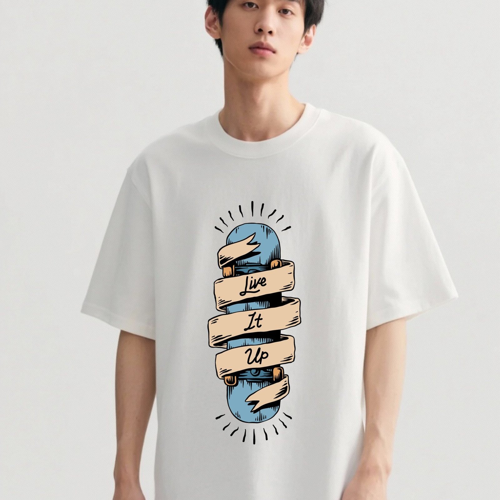 TokyoJonny men’s oversized t-shirt with skateboard and ‘Live It Up’ graphic design, trendy streetwear casual tee for men