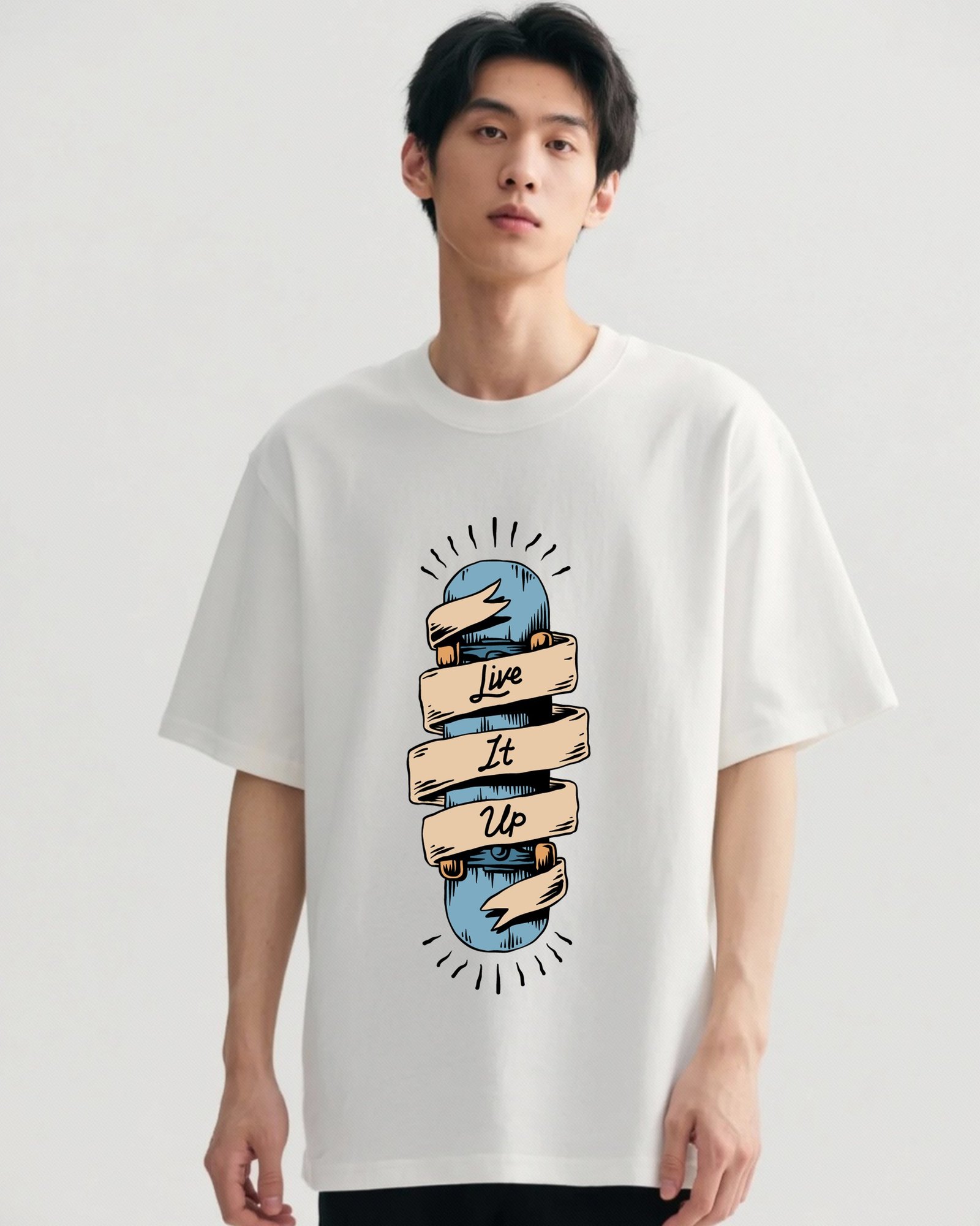 TokyoJonny men’s oversized t-shirt with skateboard and ‘Live It Up’ graphic design, trendy streetwear casual tee for men