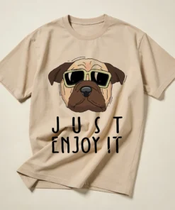 Beige unisex oversized t-shirt with simple “Just Enjoy It” text design on the front.
