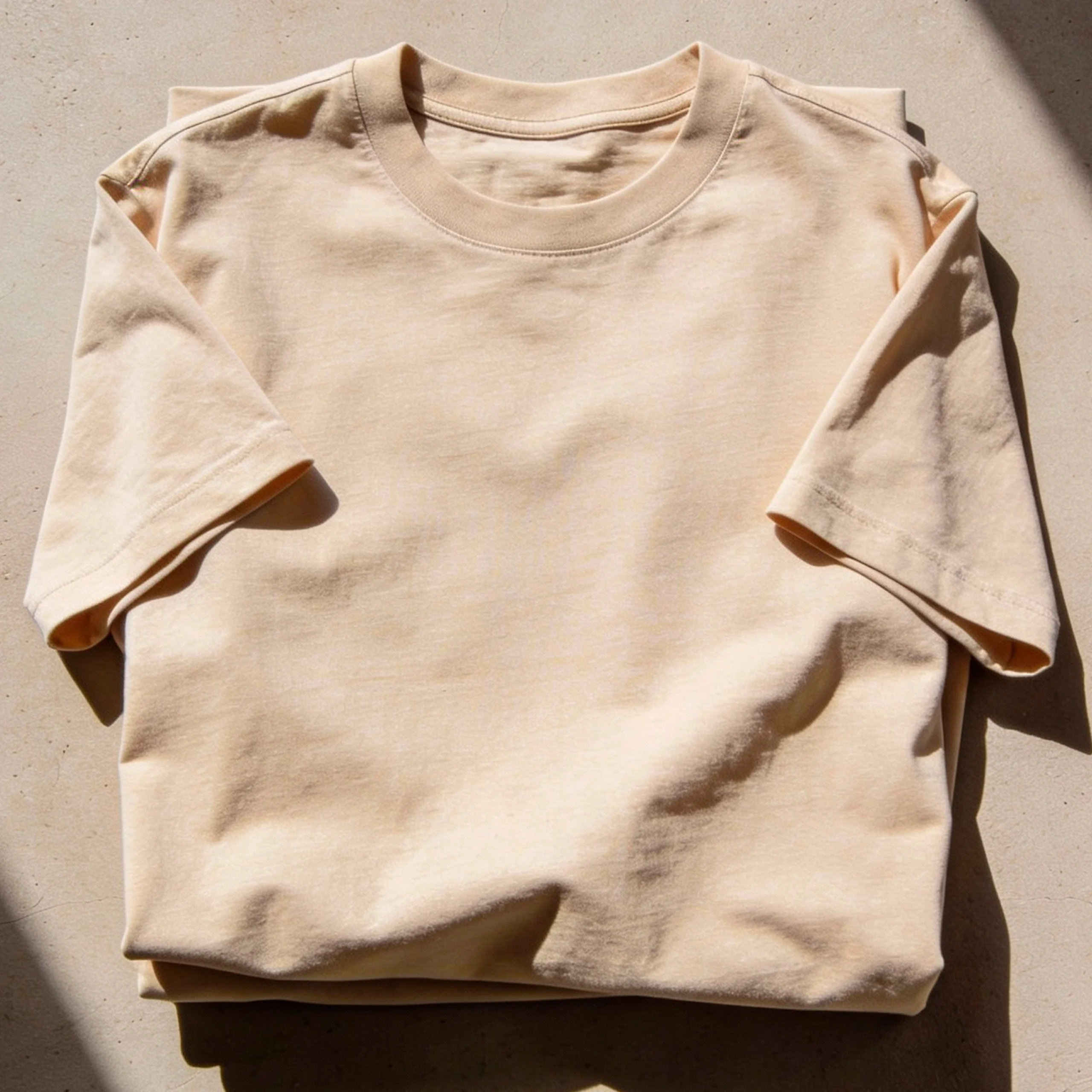 Close-up image of a beige unisex oversized t-shirt showing the fabric texture and color details.