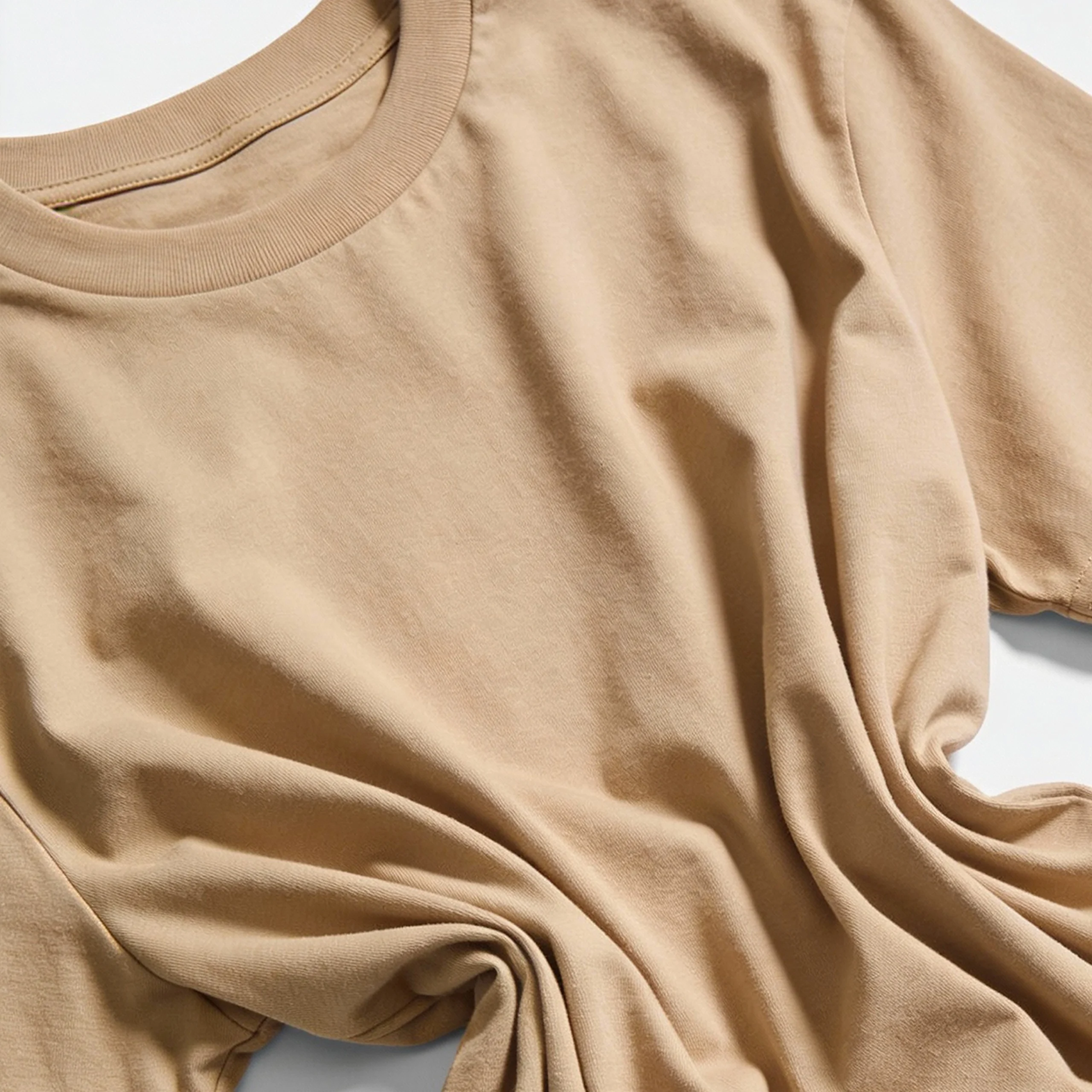 Close-up image of a beige unisex oversized t-shirt showing the fabric texture and color details.