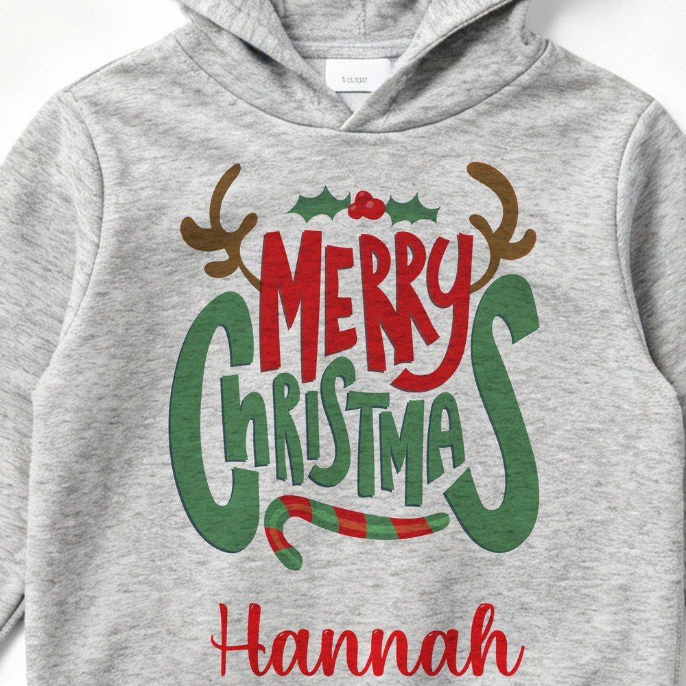 Personalized kids grey Christmas hoodie with custom name, cute Olaf design, and Merry Christmas print – cozy winter holiday gift