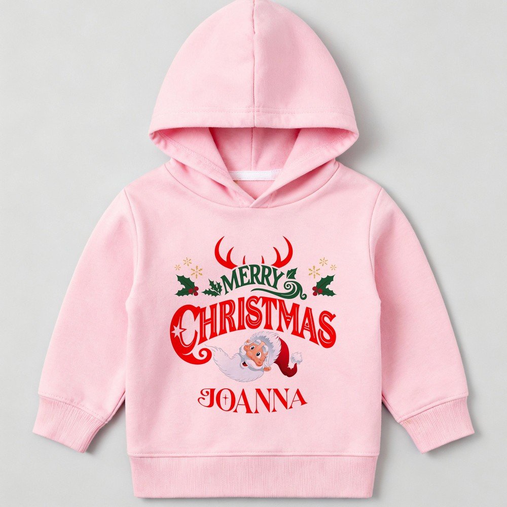 “Kids Christmas hoodie with custom name, Merry Christmas print – cozy winter holiday sweatshirt”