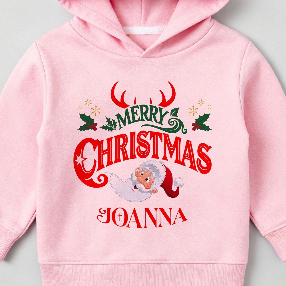 “Kids Christmas hoodie with custom name, Merry Christmas print – cozy winter holiday sweatshirt”
