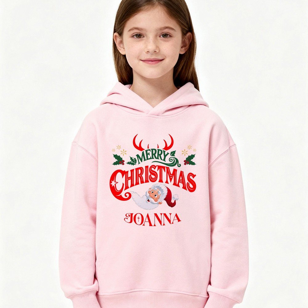 “Kids Christmas hoodie with custom name, Merry Christmas print – cozy winter holiday sweatshirt”