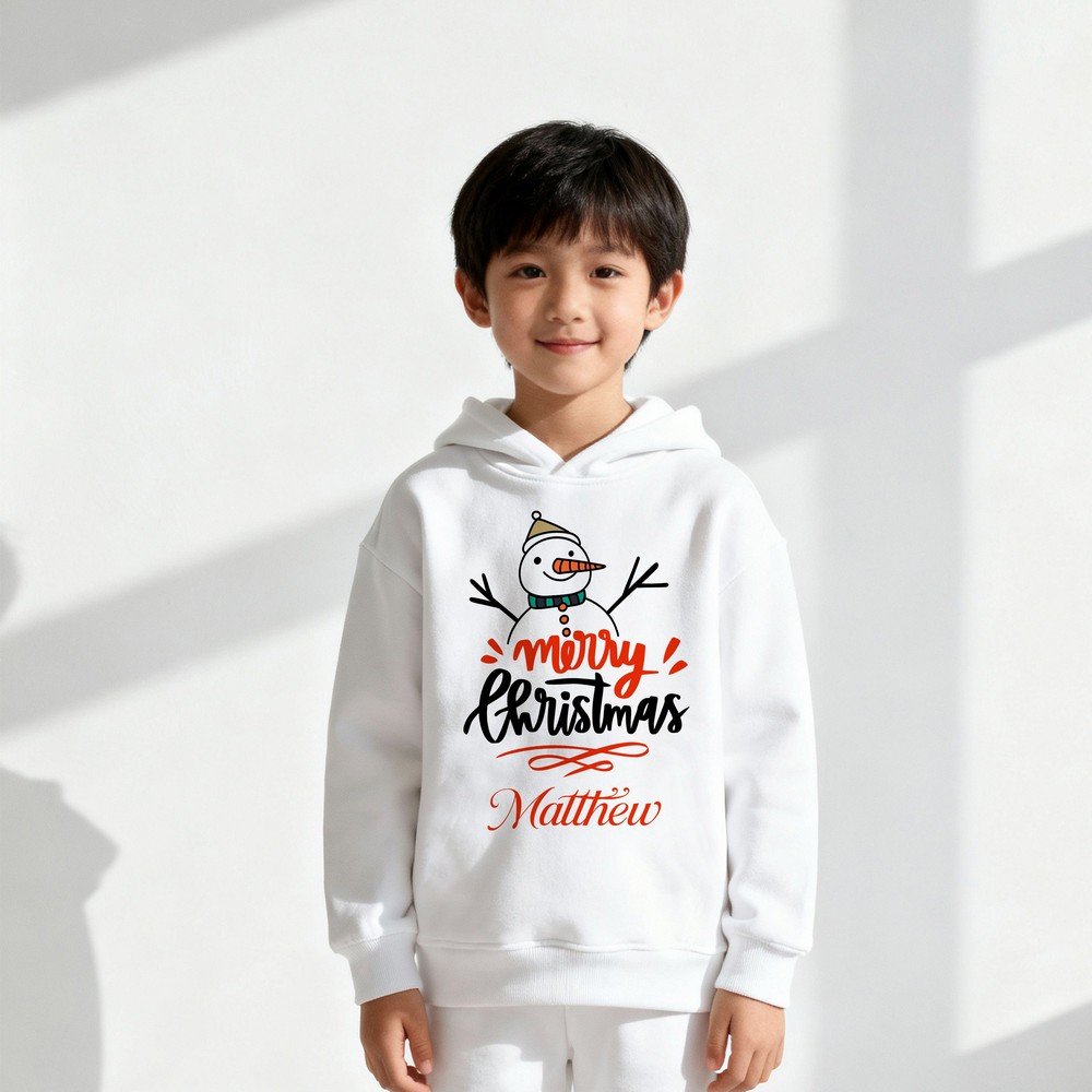 Kids personalized Christmas hoodie with custom name, Olaf design, and Merry Christmas print – festive holiday sweatshirt