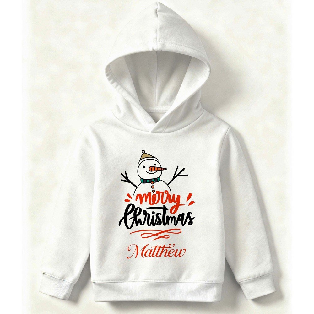 Kids personalized Christmas hoodie with custom name, Olaf design, and Merry Christmas print – festive holiday sweatshirt