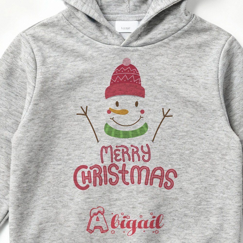 Personalized kids grey Christmas hoodie with custom name, cute Olaf design, and Merry Christmas print – cozy winter holiday gift