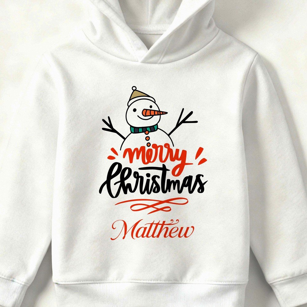 Kids personalized Christmas hoodie with custom name, Olaf design, and Merry Christmas print – festive holiday sweatshirt