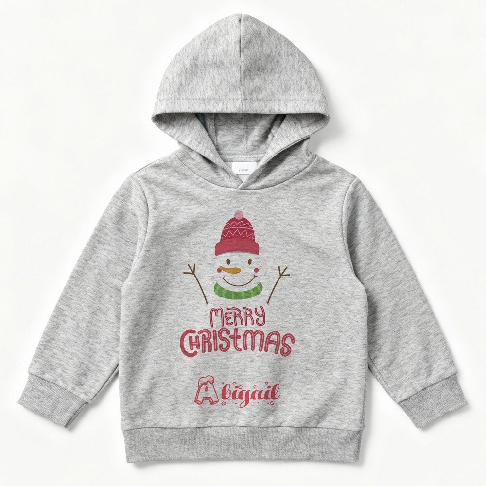 Personalized kids grey Christmas hoodie with custom name, cute Olaf design, and Merry Christmas print – cozy winter holiday gift