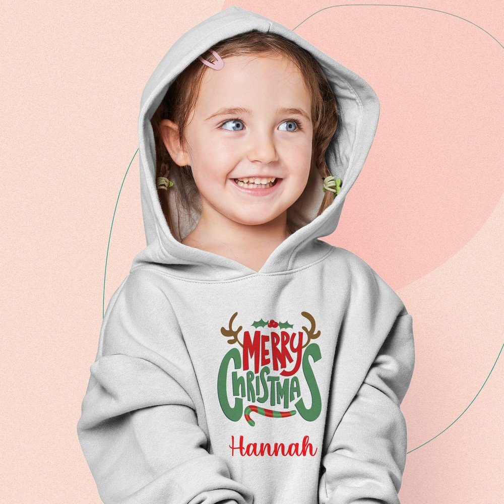 Personalized kids grey Christmas hoodie with custom name, cute Olaf design, and Merry Christmas print – cozy winter holiday gift