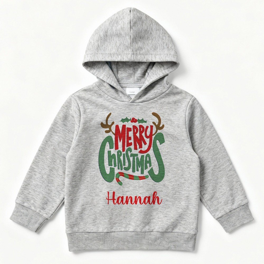 Personalized kids grey Christmas hoodie with custom name, cute Olaf design, and Merry Christmas print – cozy winter holiday gift