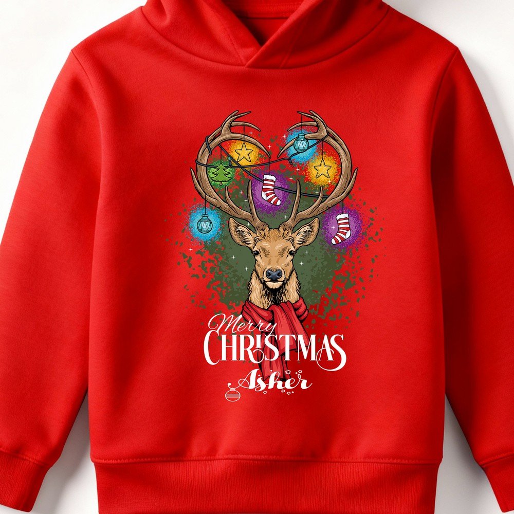Kids personalized red Christmas hoodie with custom name and Merry Christmas deer design – festive holiday sweatshirt