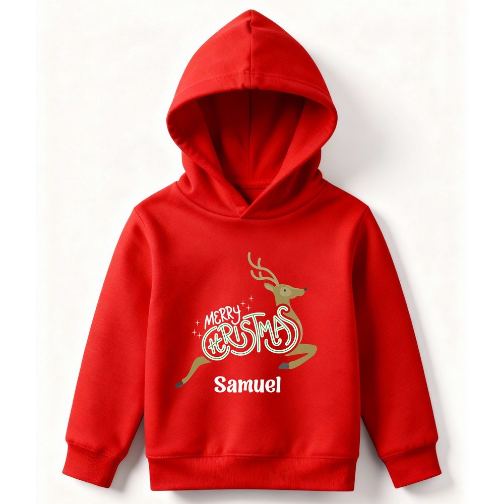 Personalized kids red Christmas hoodie with custom name and Merry Christmas print – cozy winter holiday sweatshirt