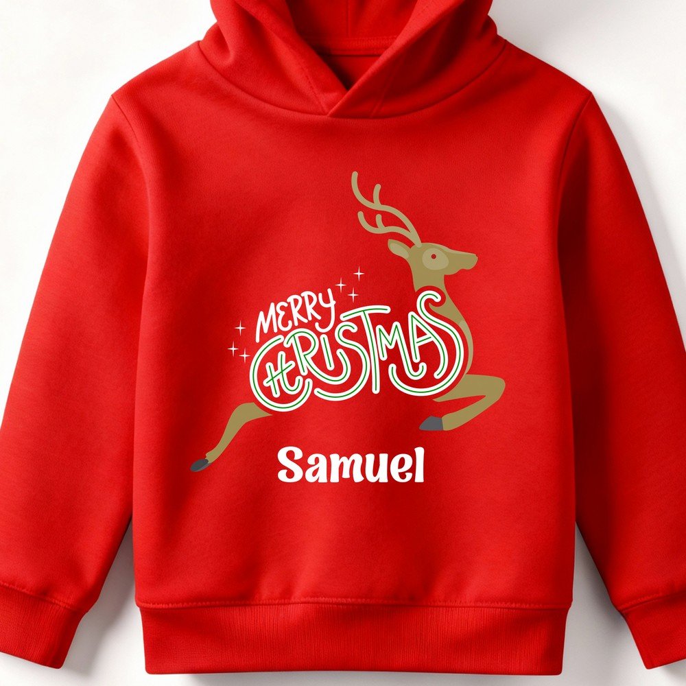 Personalized kids red Christmas hoodie with custom name and Merry Christmas print – cozy winter holiday sweatshirt