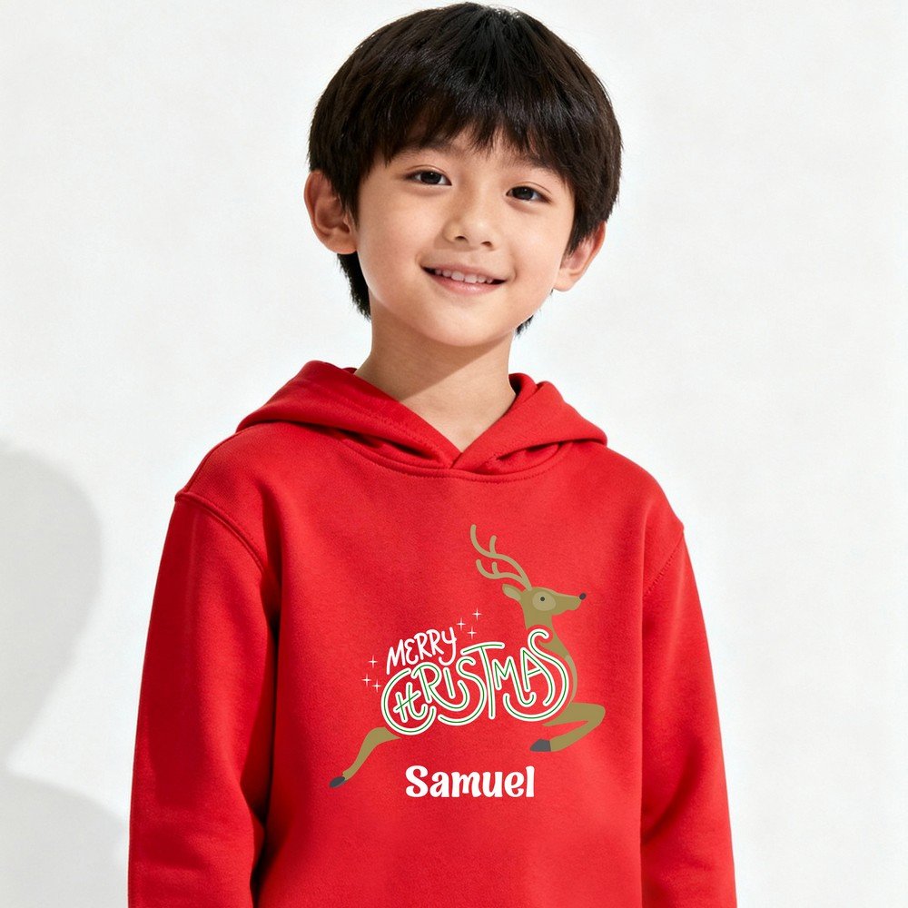 Personalized kids red Christmas hoodie with custom name and Merry Christmas print – cozy winter holiday sweatshirt