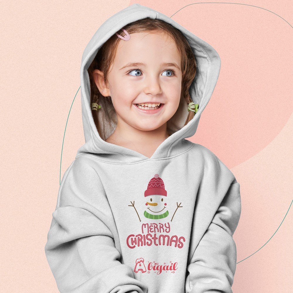 Personalized kids grey Christmas hoodie with custom name, cute Olaf design, and Merry Christmas print – cozy winter holiday gift