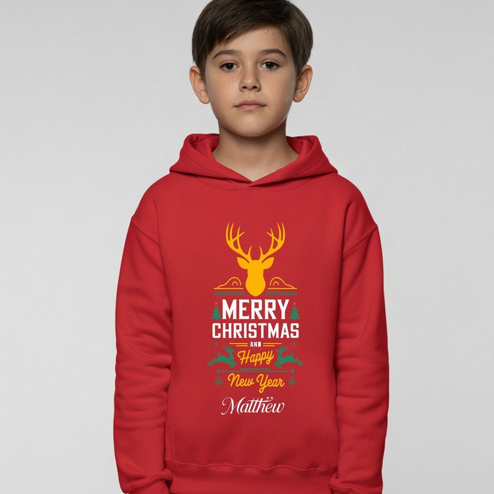 Kids Christmas & New Year hoodie with personalized custom name and Merry Christmas & Happy New Year print – festive holiday sweatshirt