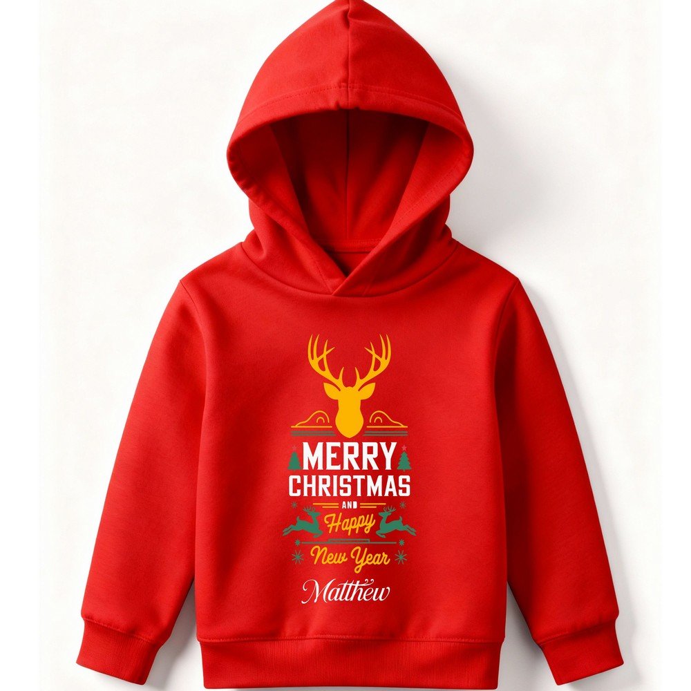 Kids Christmas & New Year hoodie with personalized custom name and Merry Christmas & Happy New Year print – festive holiday sweatshirt”