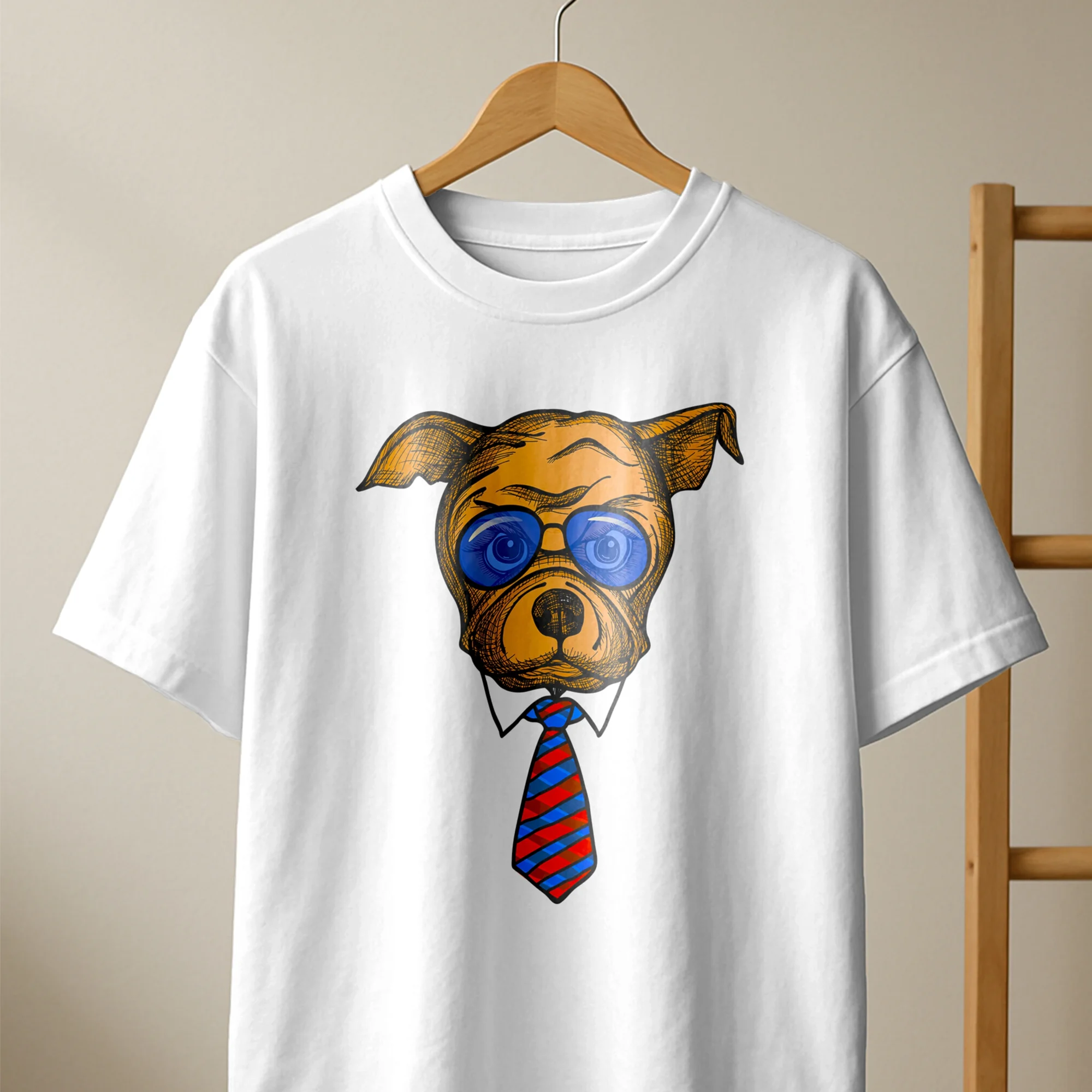 White oversized T-shirt with dog-and-tie graphic print hanging on display.