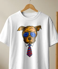 White oversized T-shirt with dog-and-tie graphic print hanging on display.